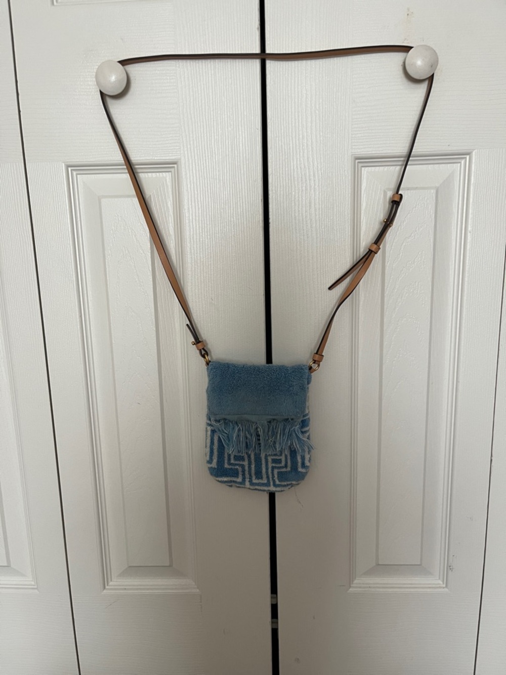 Tory Burch Light Blue Fringe Crossbody Bag with Tan Strap